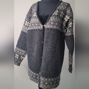 Icelandic Design Nordic Fair Isle Wool Gray Cardigan Winter Sweater Sz L